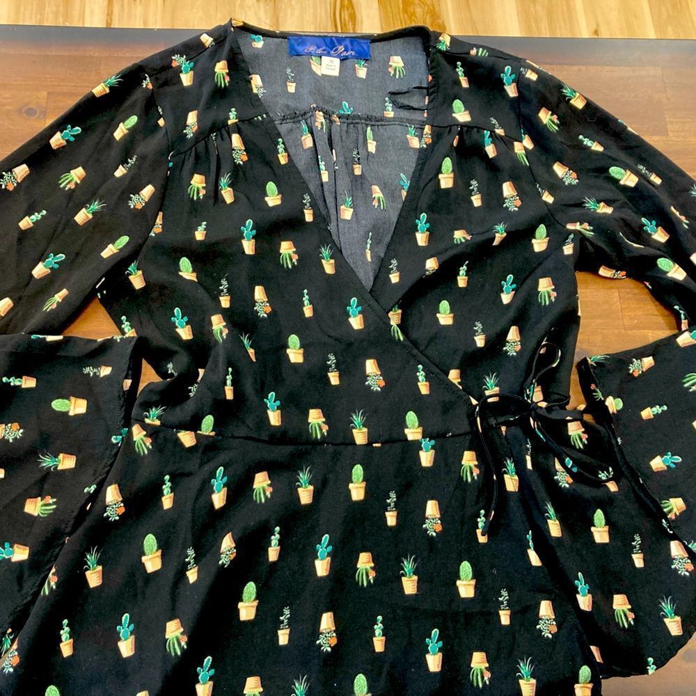 Blue Rain Black Blouse with Cactus Pattern. Size Medium.